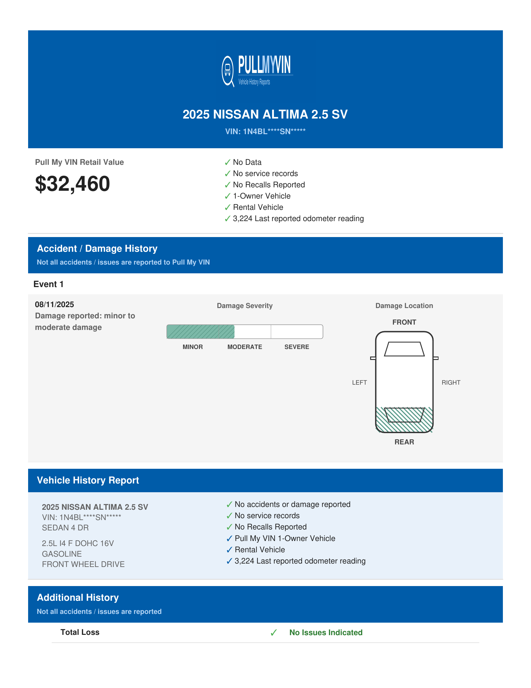 Sample Pull My VIN Report